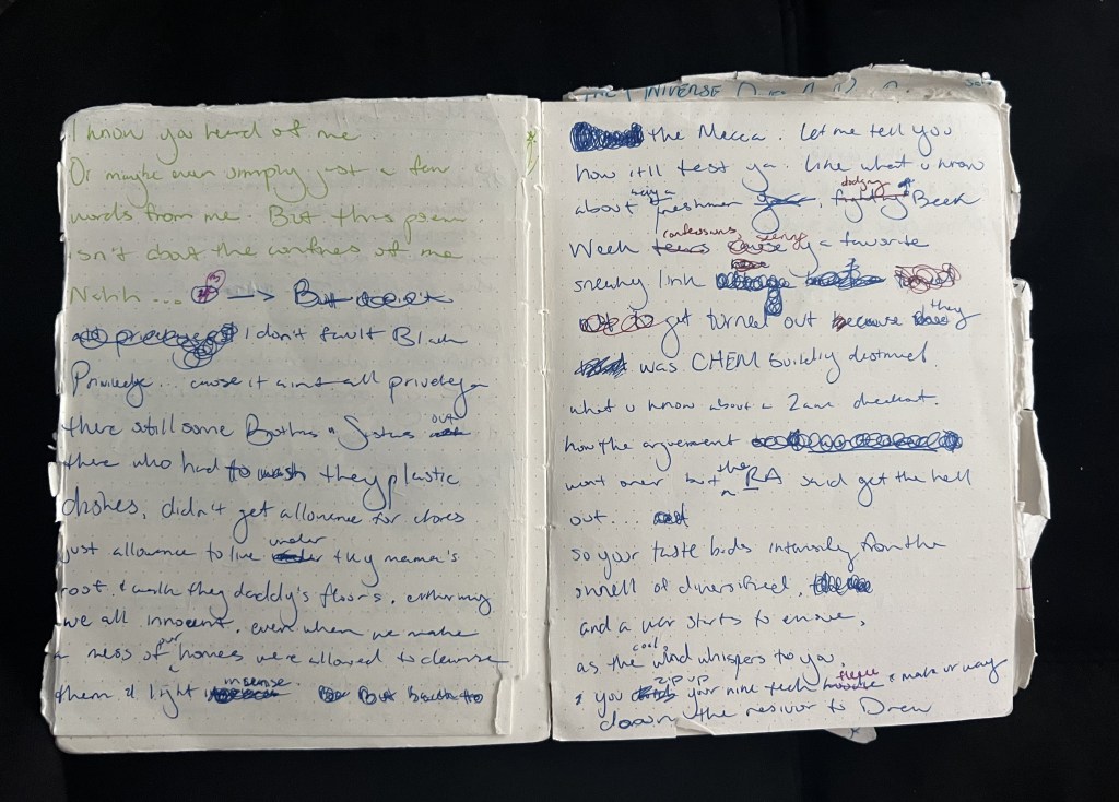 a journal with writing, scribbles, and revisions